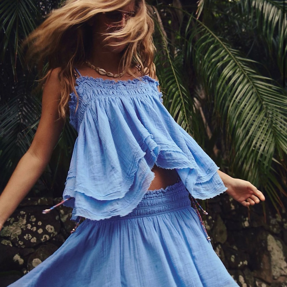 Free People Smocked Blue Top and Skirt Set